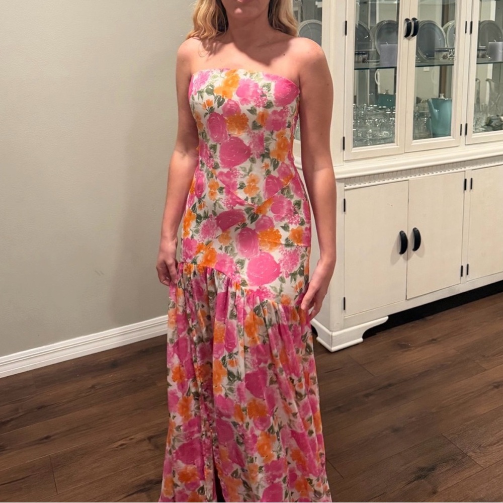 12th Tribe Strapless Floral Maxi Dress in Pink and Orange